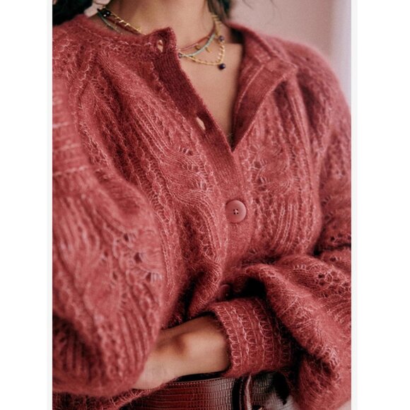 BEST Sezane Alma Cardigan Small Rosewood Pink Kid Mohair Sweater Knit French - Picture 2 of 11